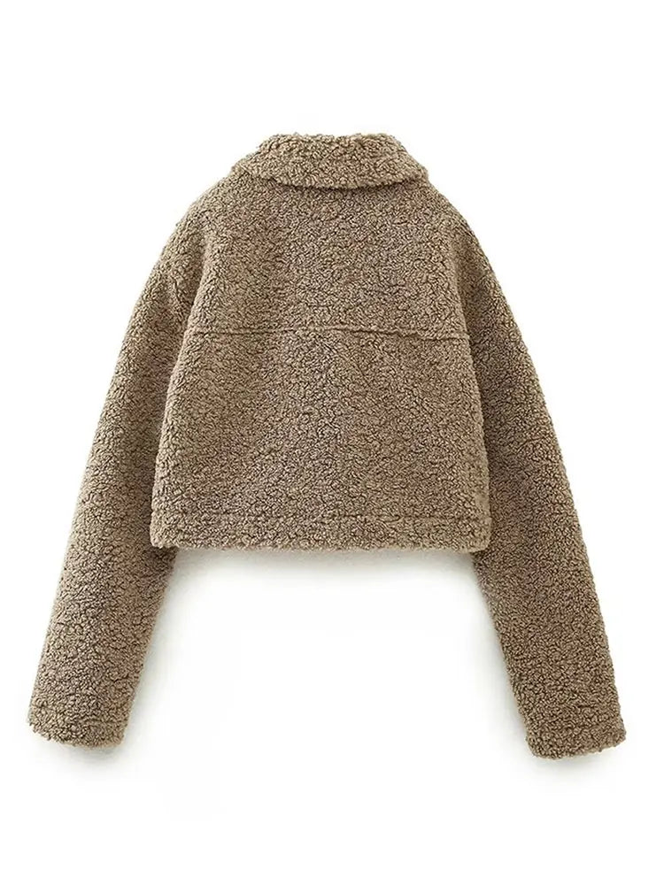 Solid Fleece Lapel Single Breasted Coat Autumn Winter Women Long Sleeve Pocket Jacket 2023 Fashion Vintage Street Lady Overcoat