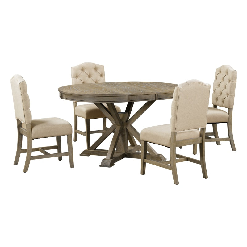 Functional Furniture Retro Style Dining Table Set with Extendable Table and Upholstered Chairs for Dining Room and Living Room