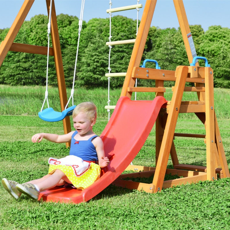 Wooden Swing Set with Slide, Outdoor Playset Backyard Activity Playground Climb Swing Outdoor Play Structure for Toddlers - youronestopstore23