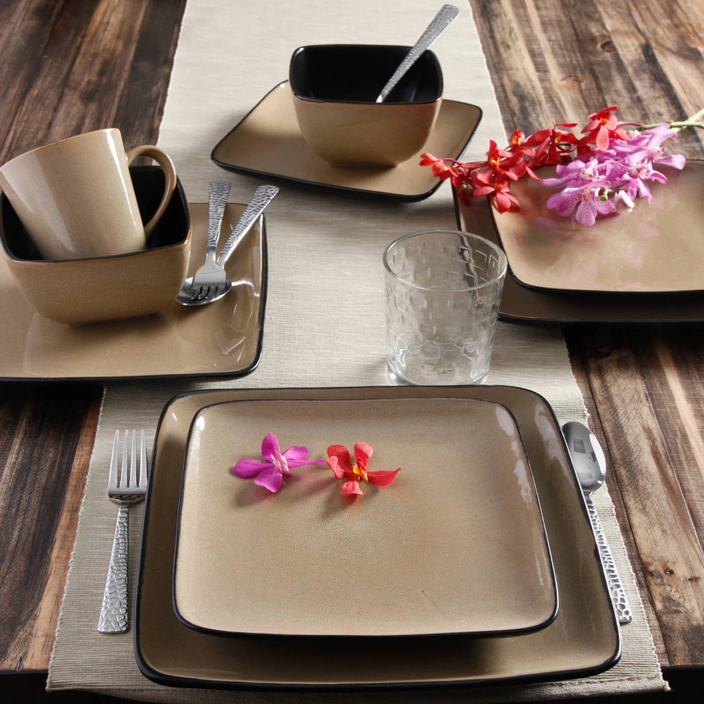 Home Rave Square 16-Piece Dinnerware Set, Taupe Plate Set - youronestopstore23