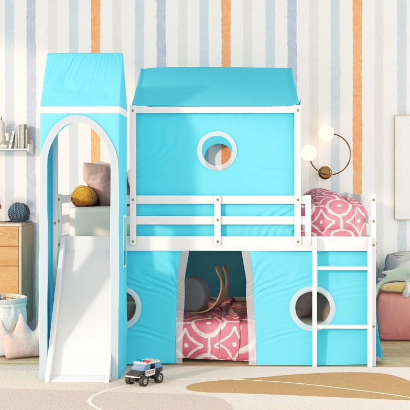 Blue Full Size Bunk Bed with Slide Blue Tent and Tower Easy to assemble,for indoor bedroom furniture
