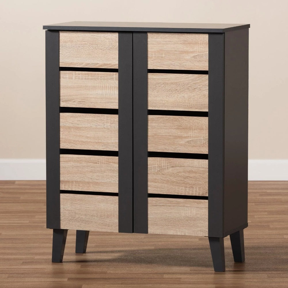 Two-Tone Oak Brown and Dark Gray 2-Door Wood Entryway Shoe Storage Cabinet
