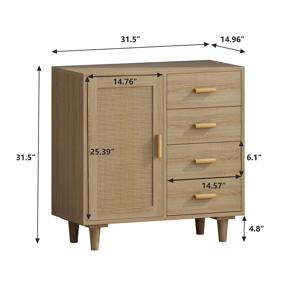 4 Drawers Rattan Wooden Cabinet with Rattan Decorative Doors Storage Drawer Living Room Cabinet