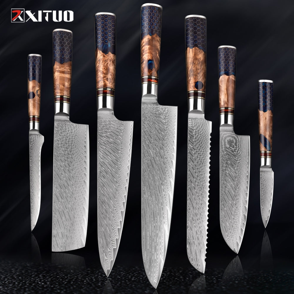 XITUO 1-9 Piece Kitchen Knives Set Damascus Steel Chef Knife Sharp Cut Vegetables Sliced Meat Bread Blue Resin Honeycomb Handle - youronestopstore23