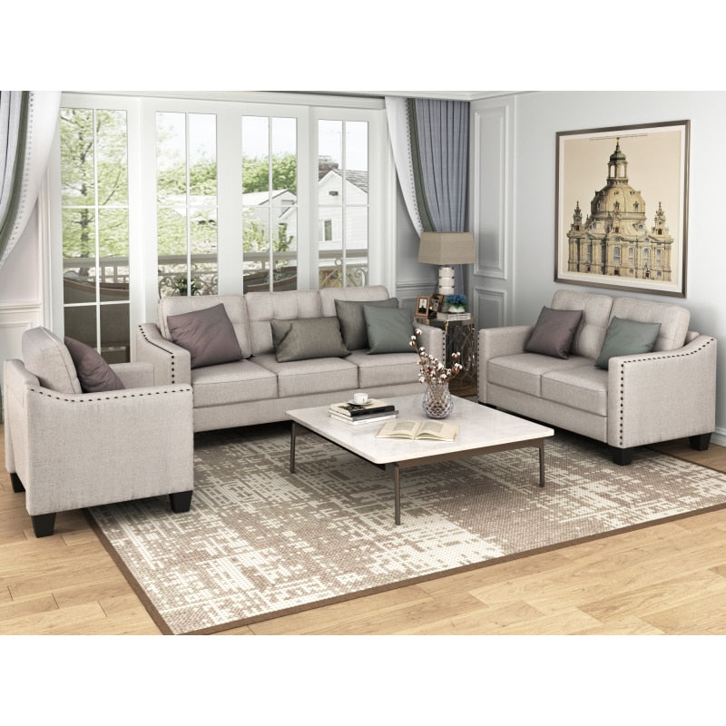 3 Piece Living Room Set, 1 Sofa, 1 Loveseat and 1 Armchair with Rivet on arm Tufted Back Cushions