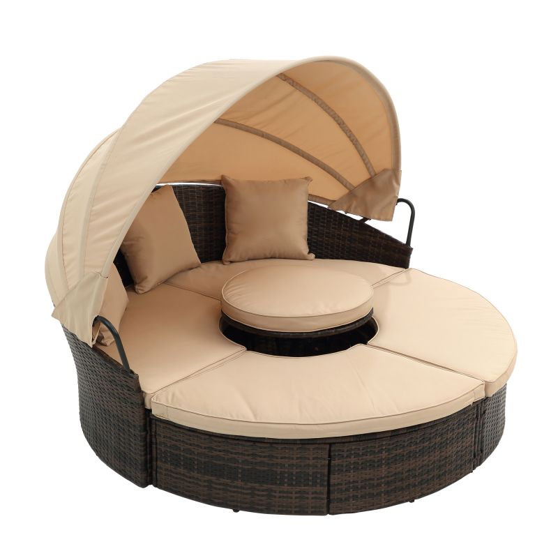 KD Rattan Round Lounge With Canopy Bali Canopy Bed Outdoor Wicker Outdoor Sofa Bed with lift coffee table - youronestopstore23