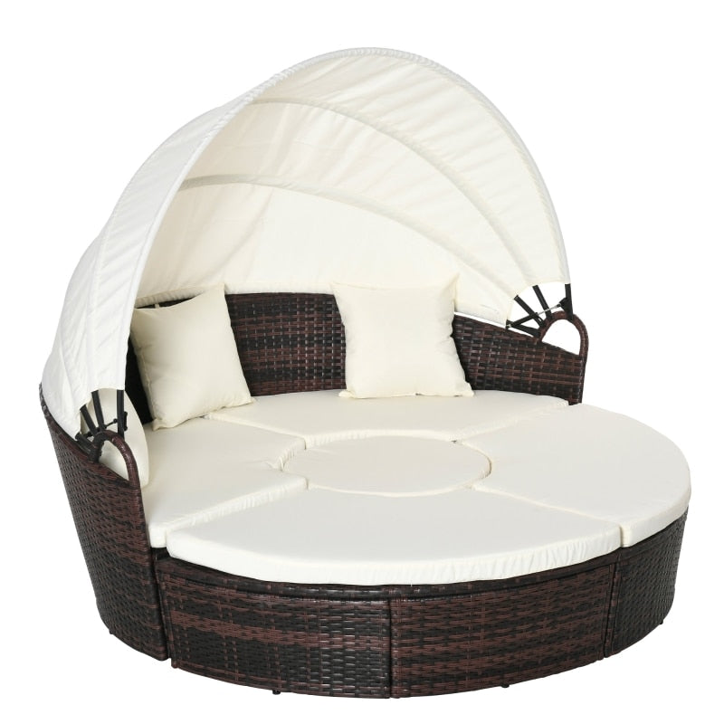 Round Outdoor Sectional Sofa Set Rattan Daybed Sunbed with Retractable Canopy, Separate Seating and Removable Cushion (White) - youronestopstore23