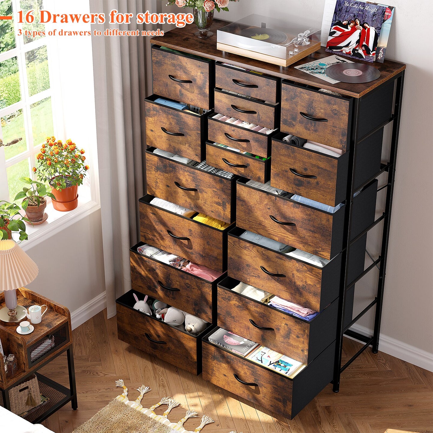 EnHomee 16 Fabric Drawer Dresser with Wooden Top Bedroom Closets Furniture Large Capacity Tall Chest Dressers for Living Room