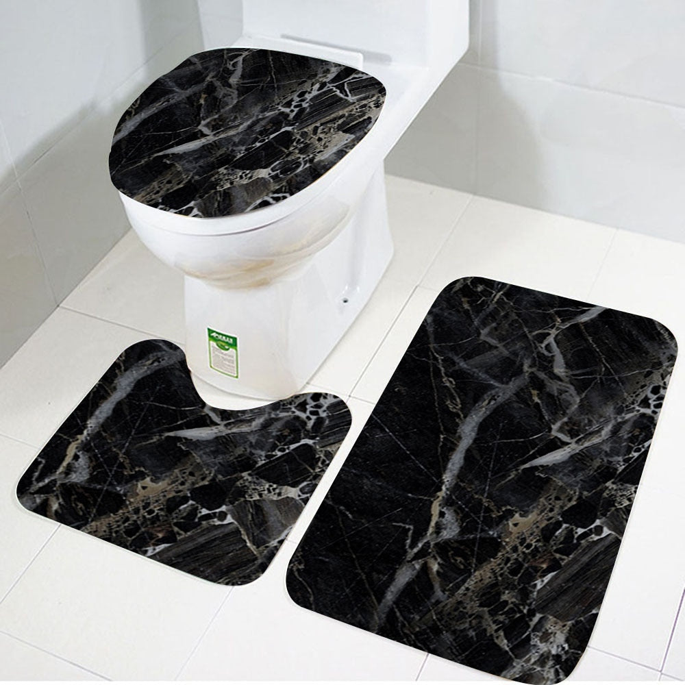 3pcs/set Black Marble Bath Mats Sets Washable Bathroom Pedestal Rug Toilet Seat Lid Cover Anti-Slip Door Carpets Art Home Decor