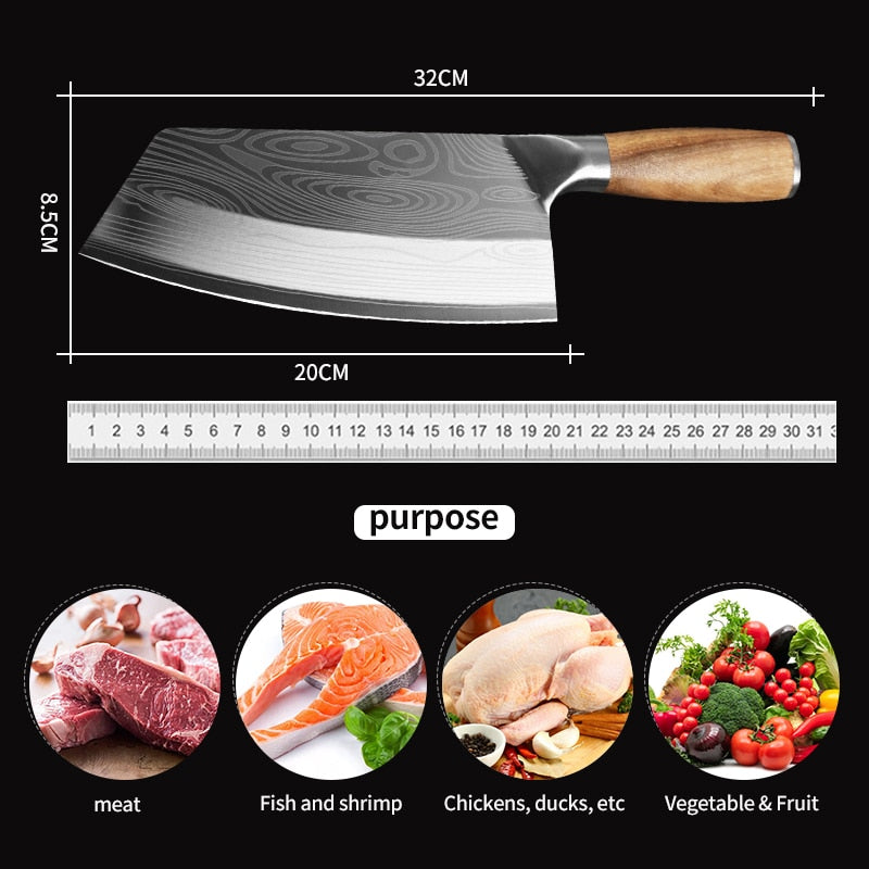 Kitchen Knife Cleaver Chef Knife Stainless Steel Razor Sharp Slicing Chopping Meat Chinese Butcher Knife Wood Handle Slicer - youronestopstore23