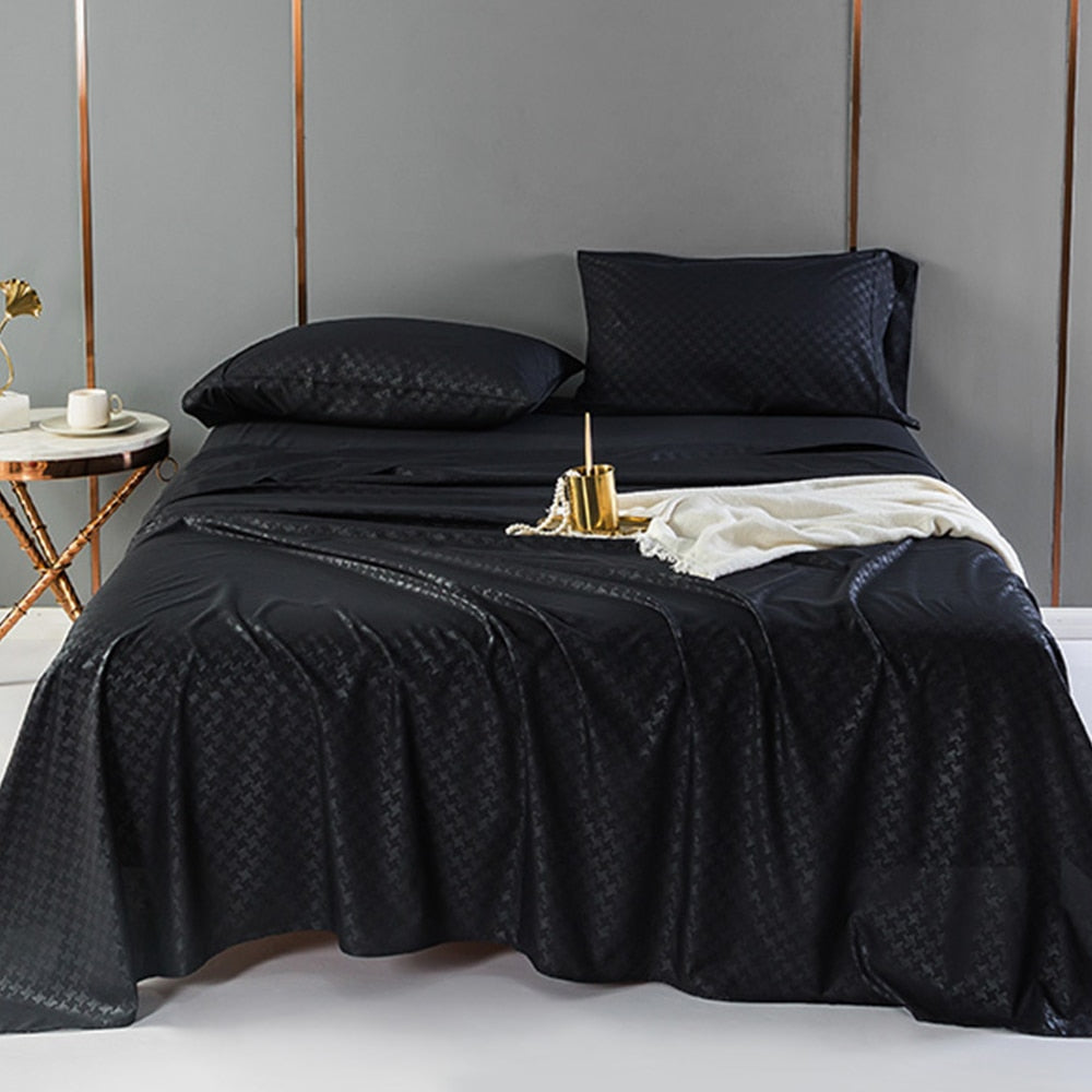 Bed Sheet Set Queen King Size Flat Sheet Fitted Sheet Pillow Case Black Embossing Linens for Bed Breathable Bedding Set - youronestopstore23