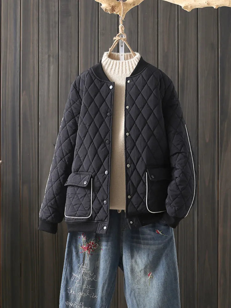 Woman Clothing 2023 Autumn Winter New Quilted Women's Jacket Loose Casual V Neck Coat Street Fashion Versatile Long Sleeve Topst