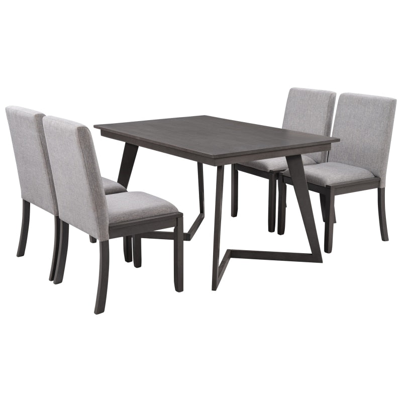 Simple and Stylish 5-Piece Dining Set, Wood Rectangular Table with 4 Linen Fabric Chairs, Suitable for Living Room, Dining Room
