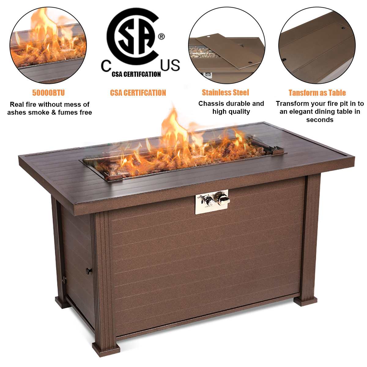 Topshak-GF2 44 Inch Grand Patio Outdoor Gas Fire Pit Table 50000 BTU Rectangle Patio Propane Fire Pit Table Camping Stand Stove - youronestopstore23
