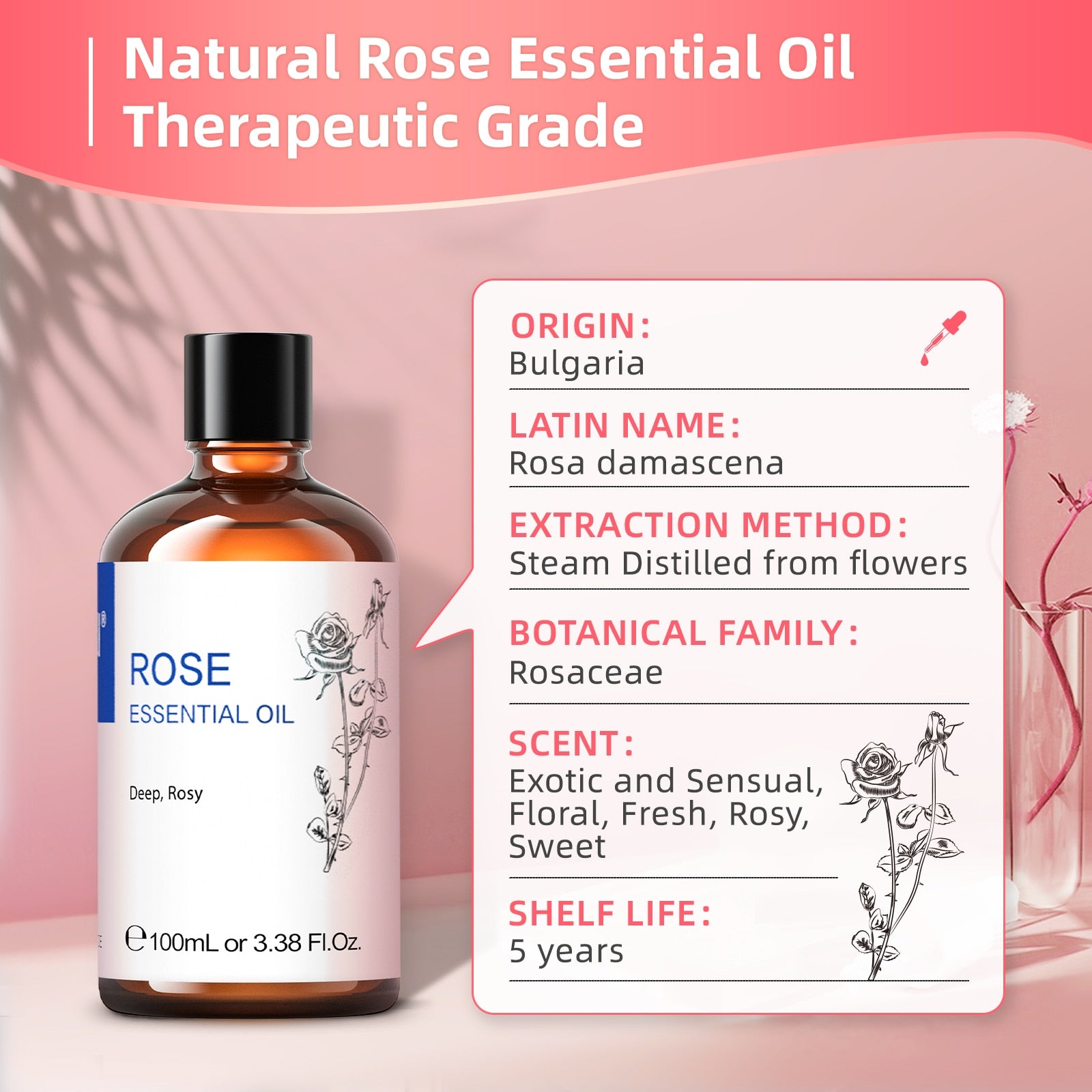 HIQILI 100ML Rose Essential Oils,100% Pure Nature for Aromatherapy | Used for Diffuser,Humidifier,Massage | Perfume DIY - youronestopstore23