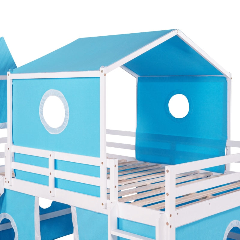 Blue Full Size Bunk Bed with Slide Blue Tent and Tower Easy to assemble,for indoor bedroom furniture