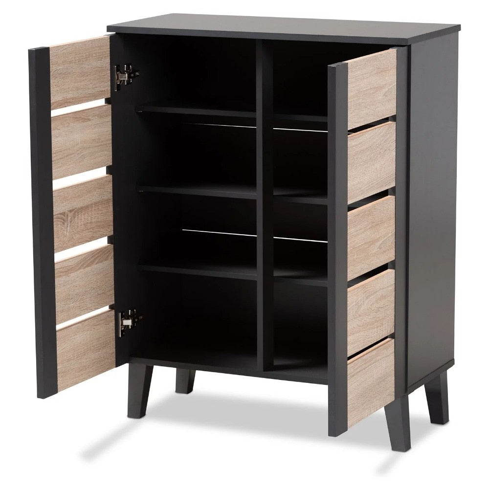 Two-Tone Oak Brown and Dark Gray 2-Door Wood Entryway Shoe Storage Cabinet