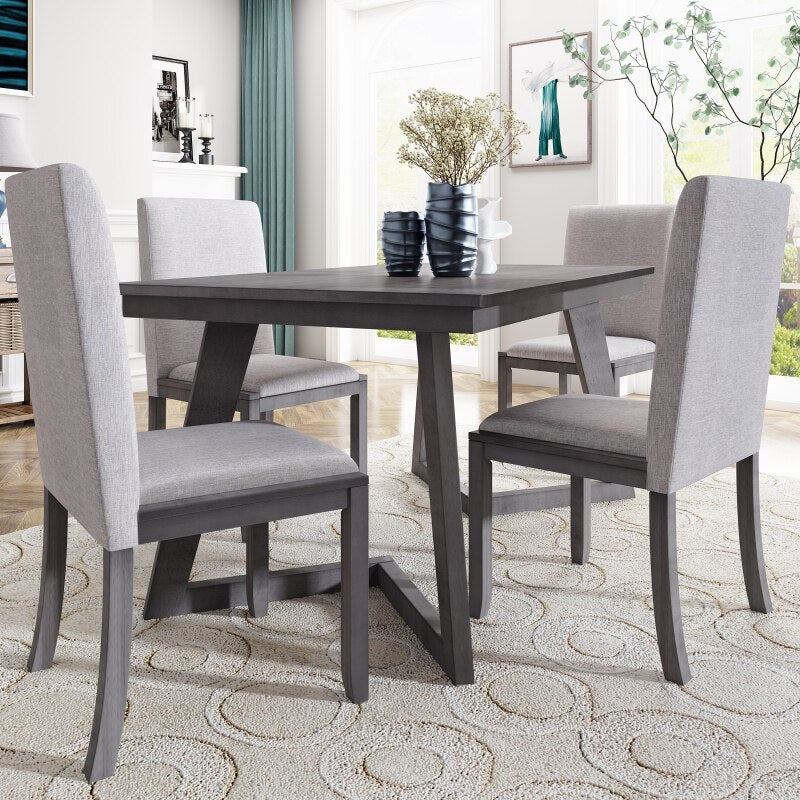 Simple and Stylish 5-Piece Dining Set, Wood Rectangular Table with 4 Linen Fabric Chairs, Suitable for Living Room, Dining Room