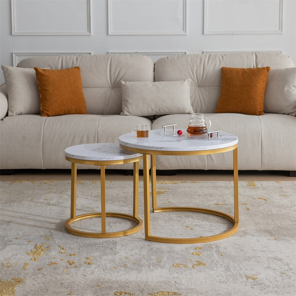 23.6 Inch Modern Nesting Coffee Table Golden Metal Frame with Marble Color Top