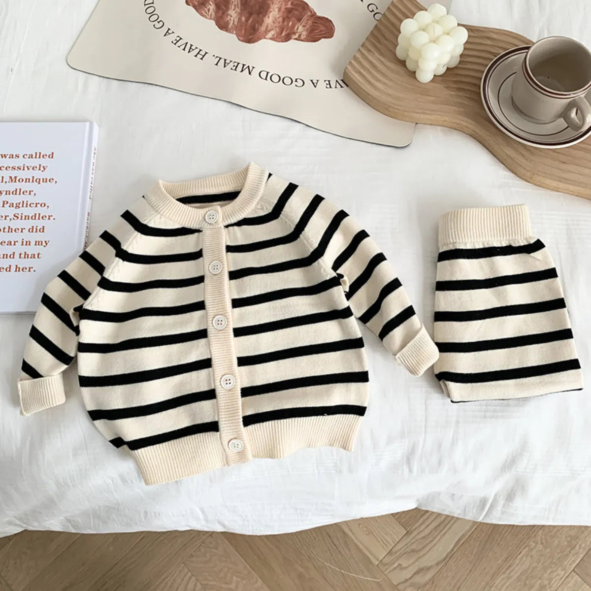 2023 autumn kids baby girls boys striped full sleeve single-breasted top knittes coat+mid waist pants children clothes set 2pcs