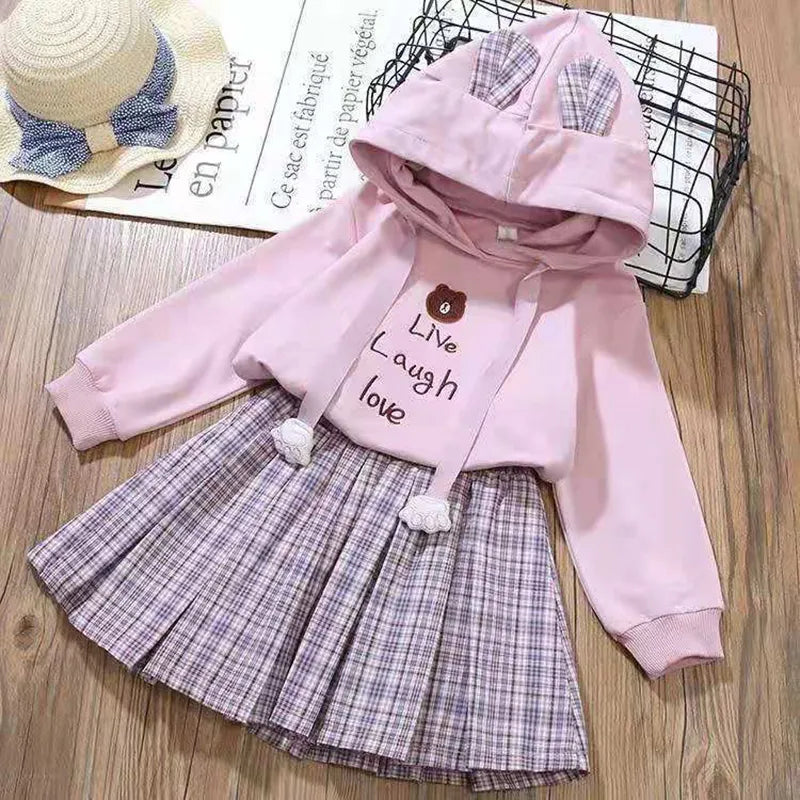 4 6 8 10 12 Years Girls Clothing Sets Cotton Cartoon Little Bear Hoodies + Pleated Skirt 2Pcs Suit For Children Birthday Present