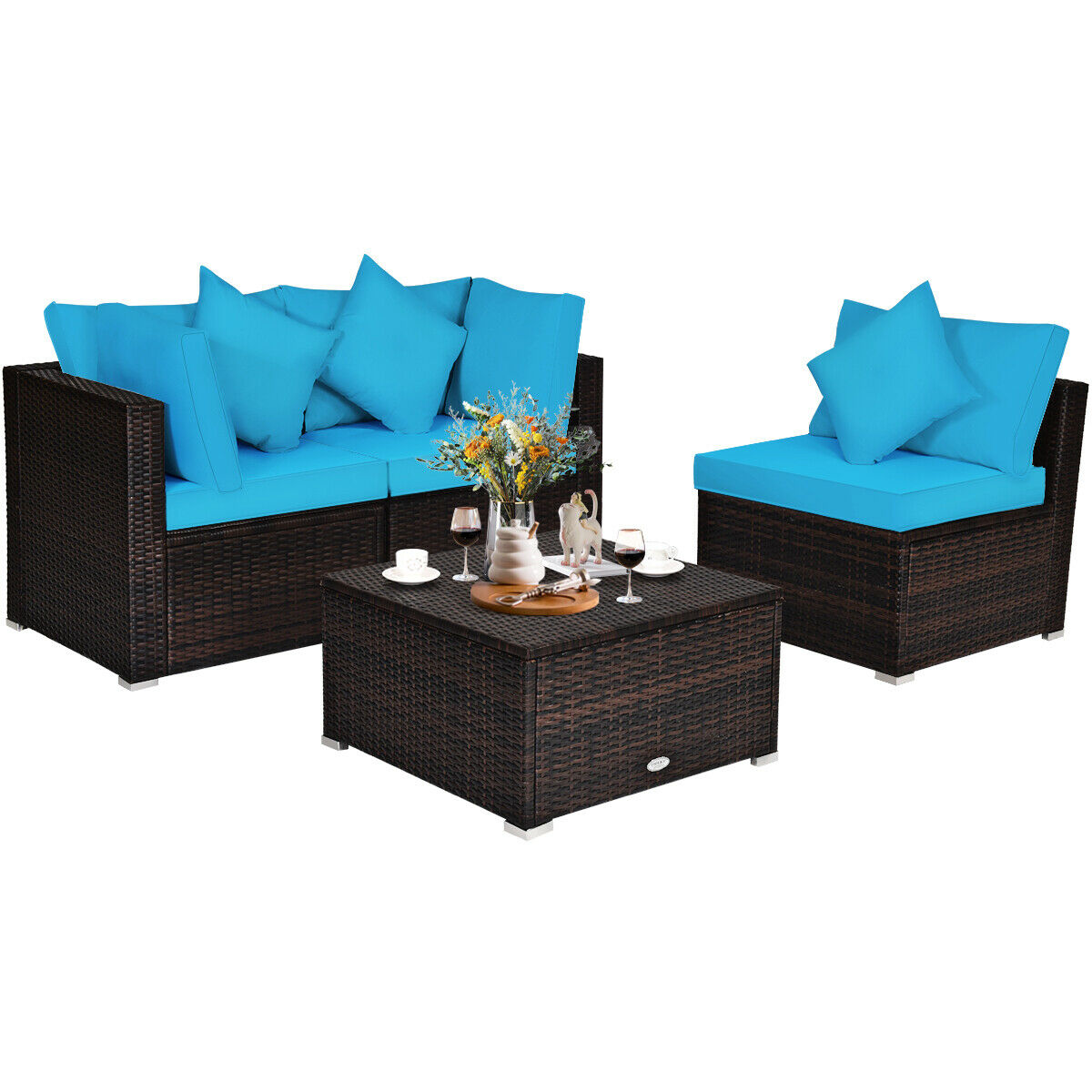 4PCS Patio Rattan Wicker Sofa Furniture Set Cushioned Conversation Ottoman Set HW66750 - youronestopstore23