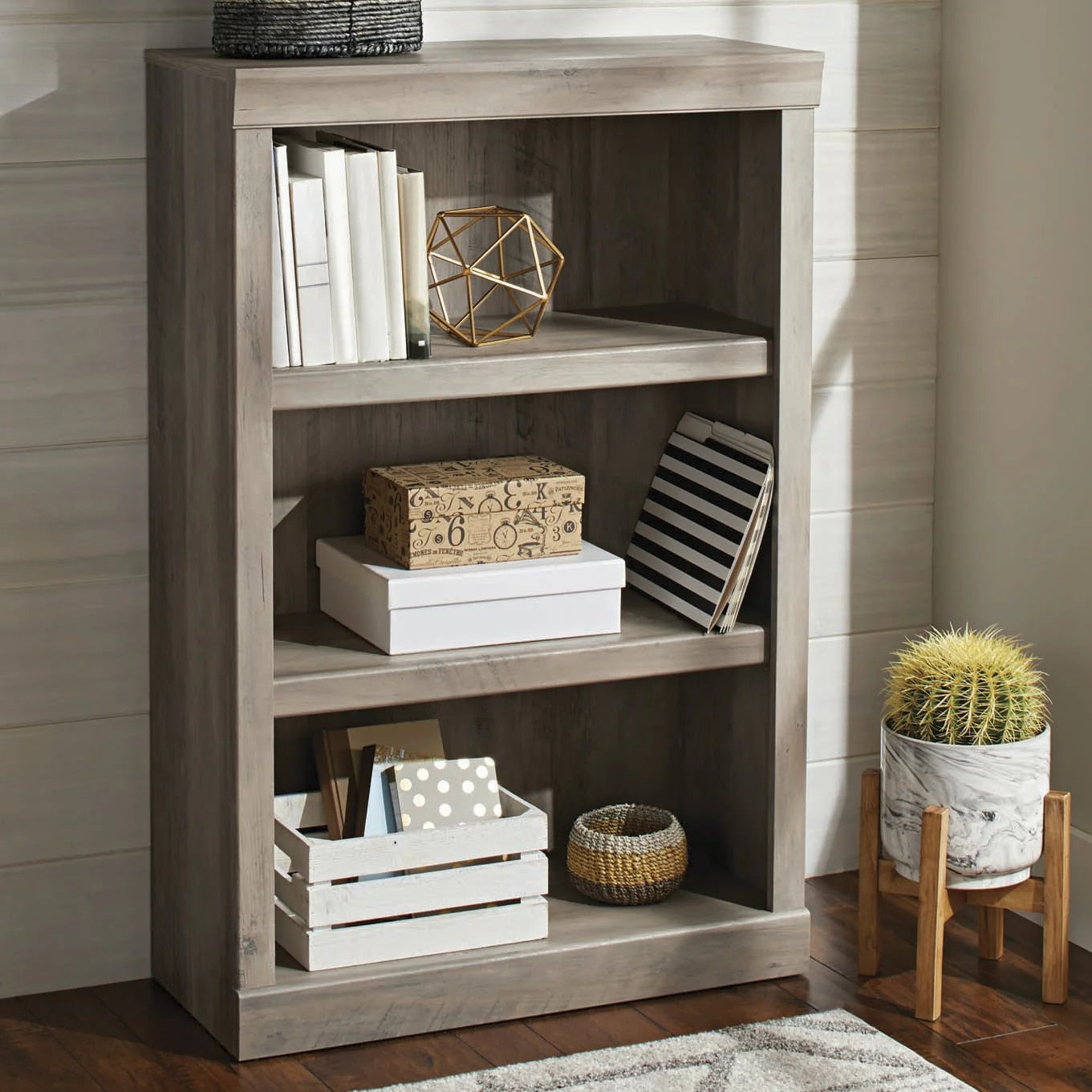 Better Homes & Gardens Glendale 3 Shelf Bookcase, Rustic Gray Finish desk bookshelf