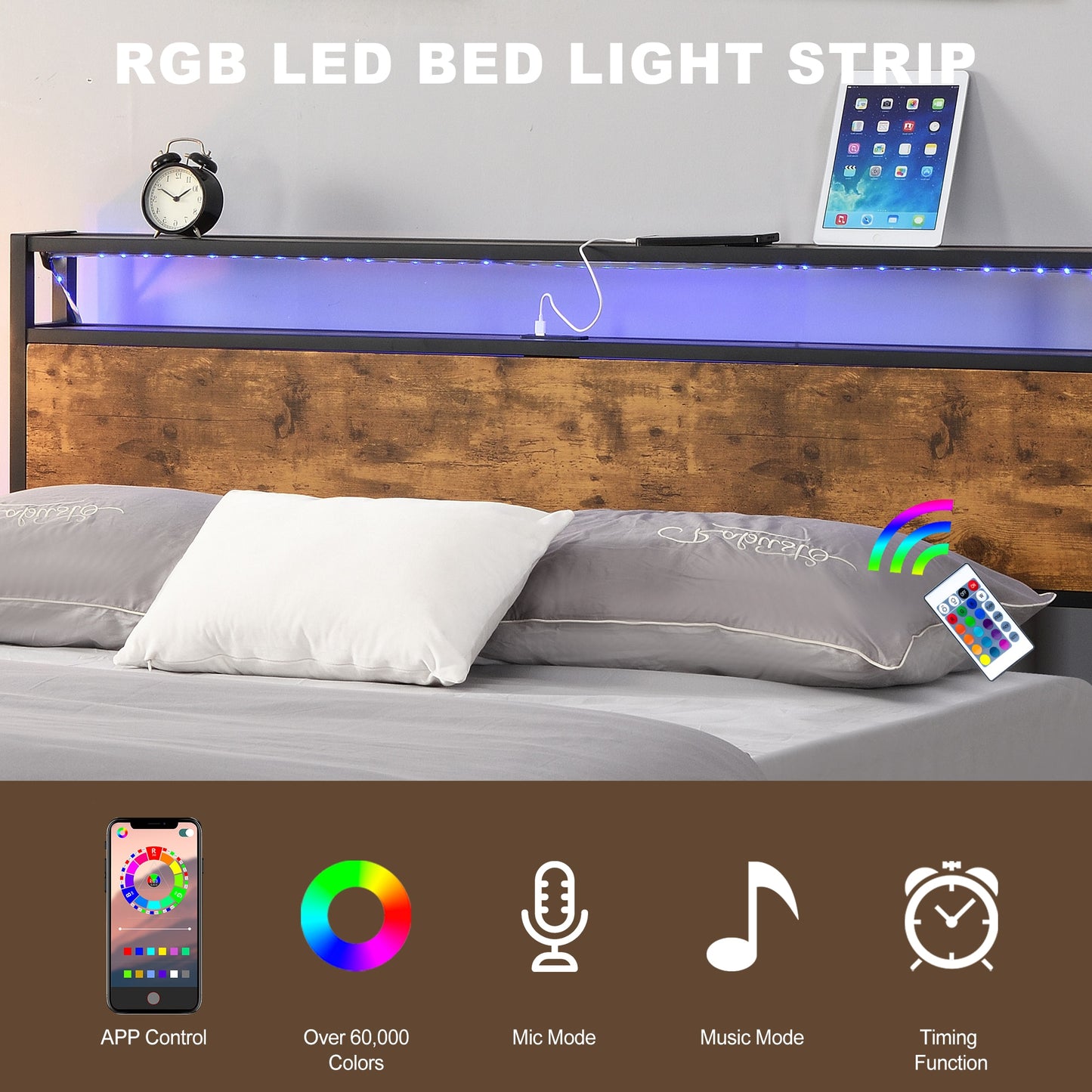 Queen/Full Size Industrial Bed Frame Noise Free with LED Lights&2 USB Ports&Storage No Box Spring Needed Rustic Brown[US-W]