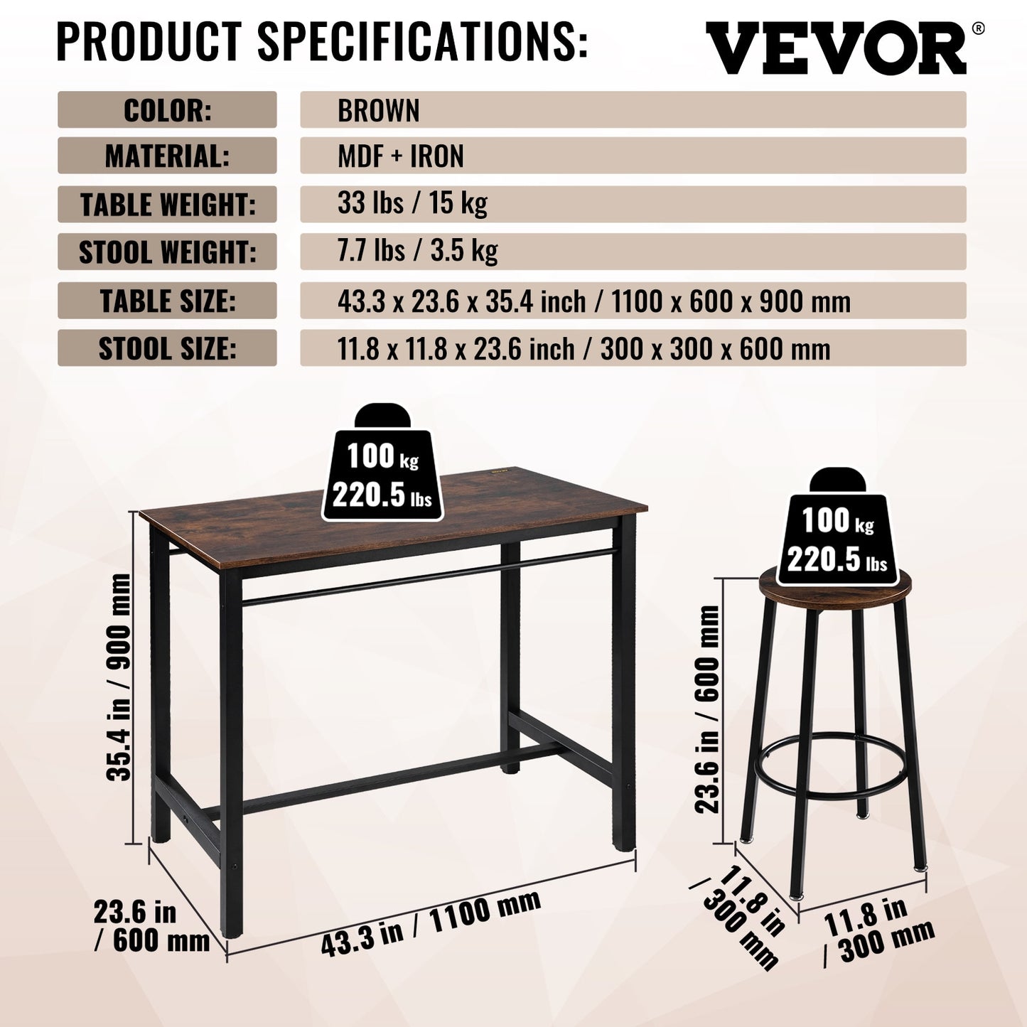 VEVOR Bar Table Set 3/5 Pieces 39&quot;/43&quot;/47&quot; Tall Table with 2/4 Round/Square Bar Stools for Home Kitchen Living Room Rustic Brown - youronestopstore23