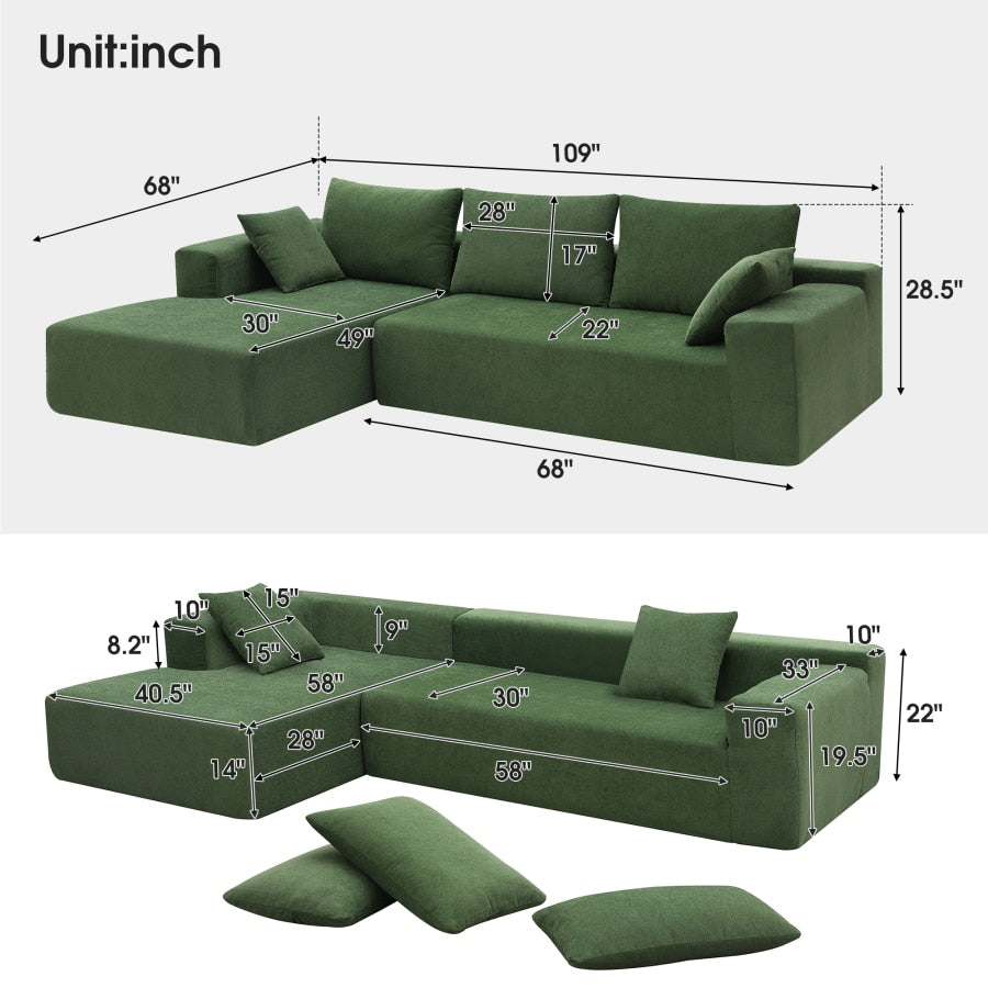 109*68" Modern Minimalist Modular Sectional Living Room L-Shape Sofa Set，Upholstered Sleeper Sofa for Living Room, Bedroom，Green