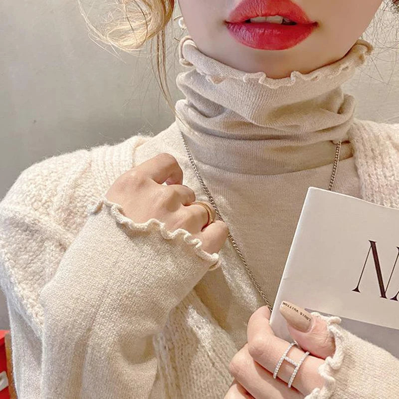 Rimocy Fold Turtleneck Jumper Women Autumn Winter High Elastic Solid Color Sweater Woman Simple All Match Bottoming Top Female