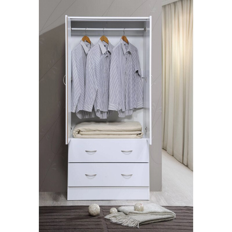 Hodedah Two Door Wardrobe with Two Drawers and Hanging Rod, Cherry