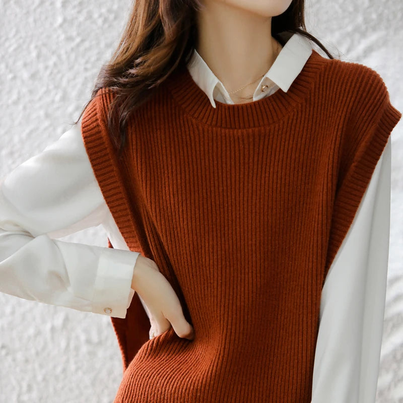 Autumn and Winter Women's New Sweater Vest Knitted Waistcoat Round Neck Wearing Sleeveless Vest Loose Top