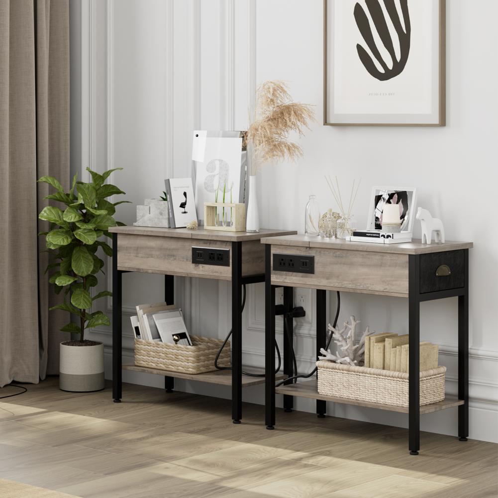 2pcs Narrow End Table with USB Charging Ports and Outlets Side Table and Night Stand with Drawer for Living Room Bedroom