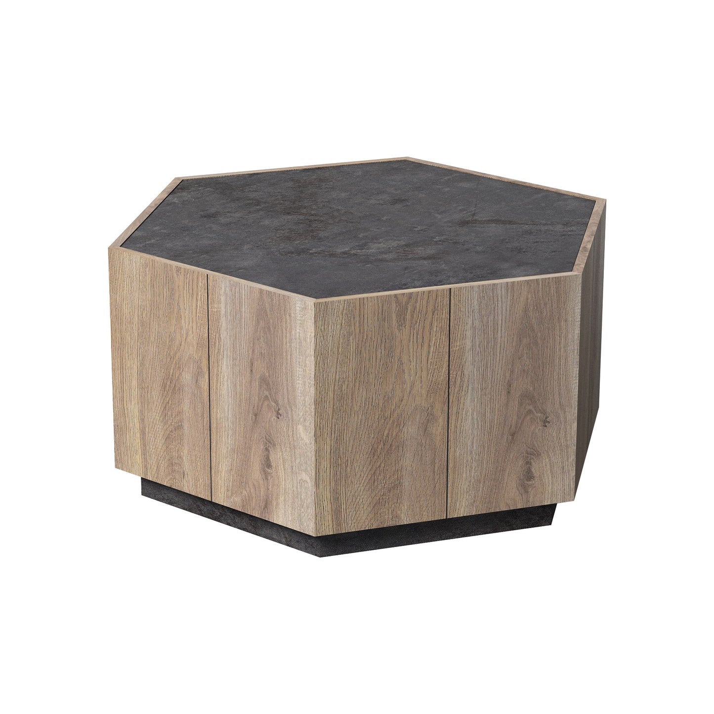 Hexagonal Rural Style Garden Retro Living Room Coffee Table with 2 drawers, Textured Black + Warm Oak