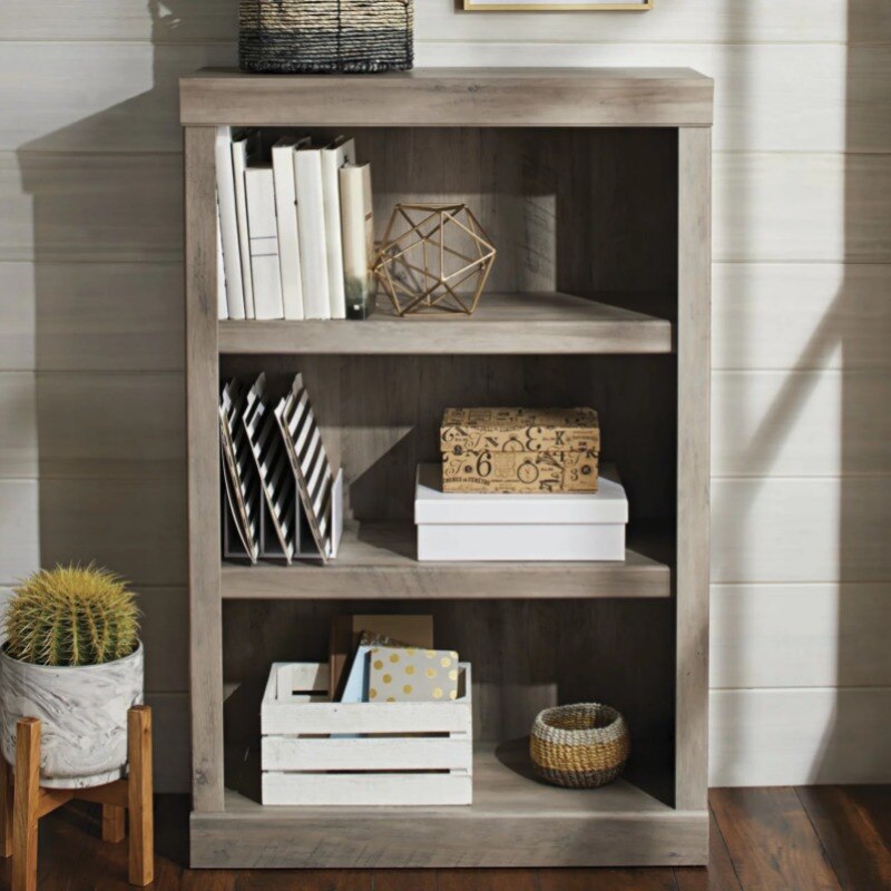 Better Homes & Gardens Glendale 3 Shelf Bookcase, Rustic Gray Finish desk bookshelf