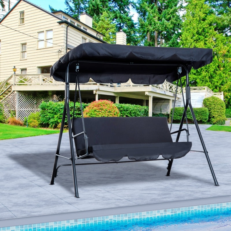 Steel Swing Chair Outdoor Light Fabric Porch 3 Person with Adjustable Weather Resistant Canopy and Durable Construction - Black - youronestopstore23