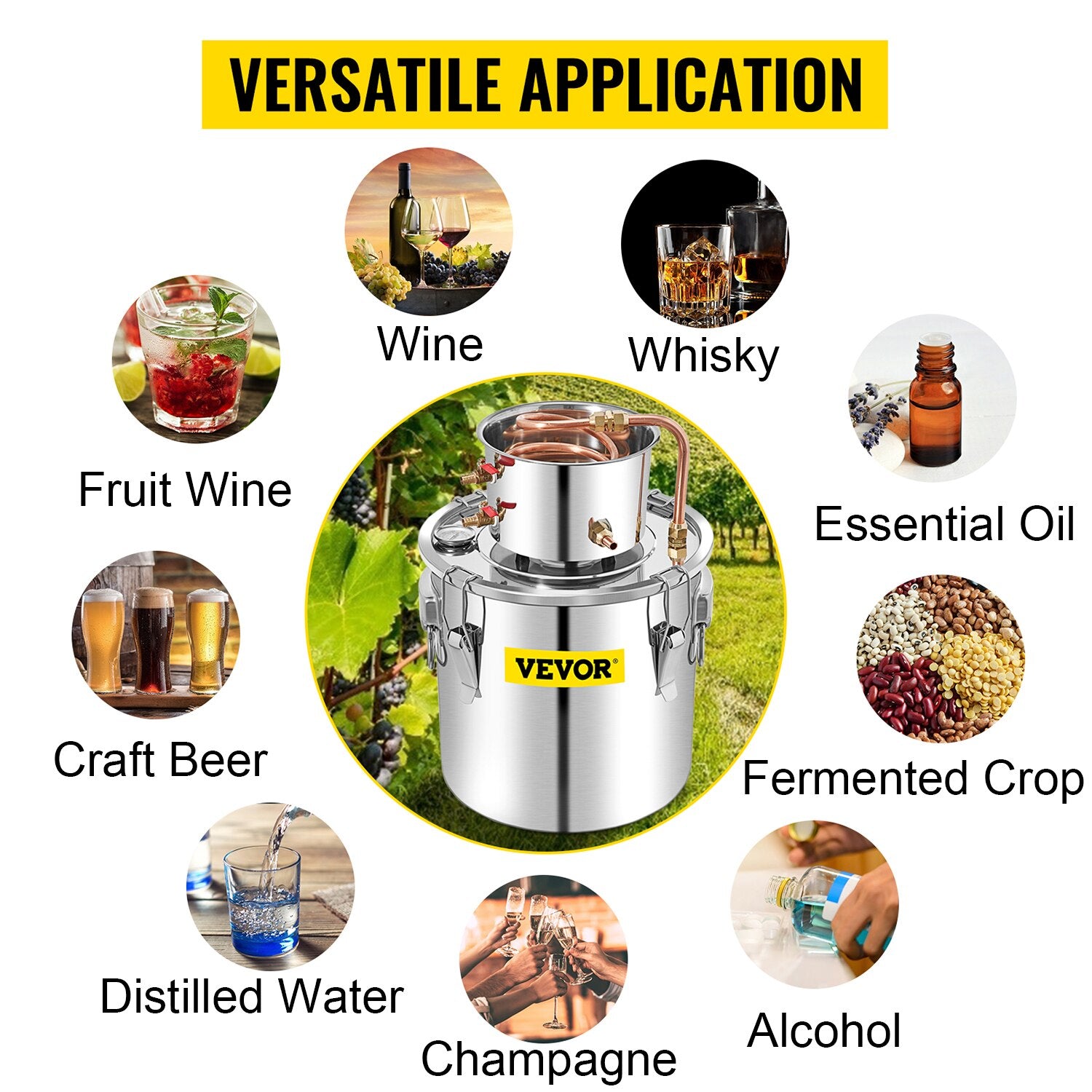 VEVOR 3 5 8 13 Gal Distiller Alambic Moonshine Alcohol Still Stainless Copper DIY Home Brew Water Wine Essential Oil Brewing Kit - youronestopstore23