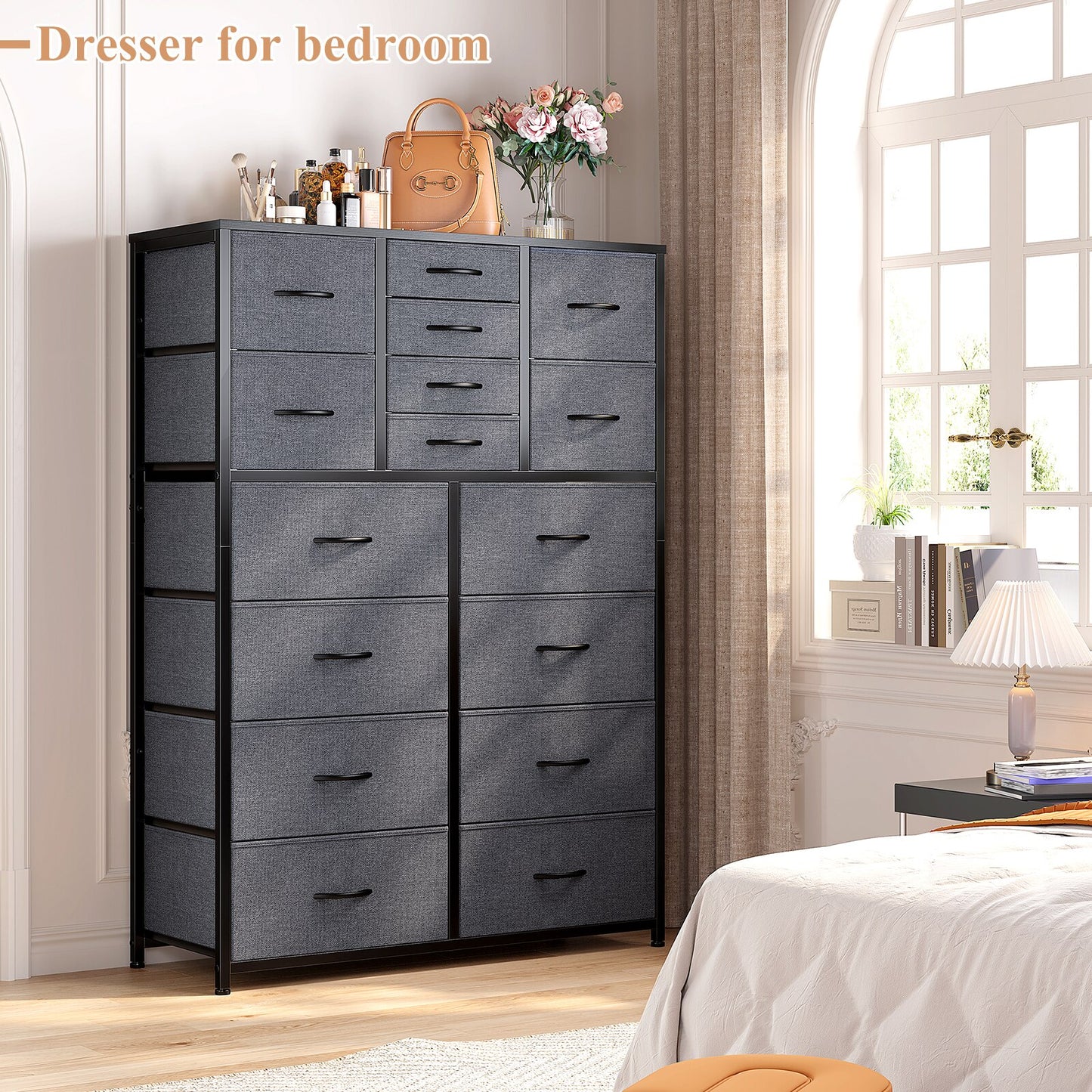 EnHomee 16 Fabric Drawer Dresser with Wooden Top Bedroom Closets Furniture Large Capacity Tall Chest Dressers for Living Room