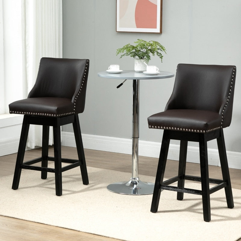 Brown 28" Swivel Bar Height Bar Stools Set of 2, Armless Upholstered Barstools Chairs with Nailhead Trim and Wood Legs