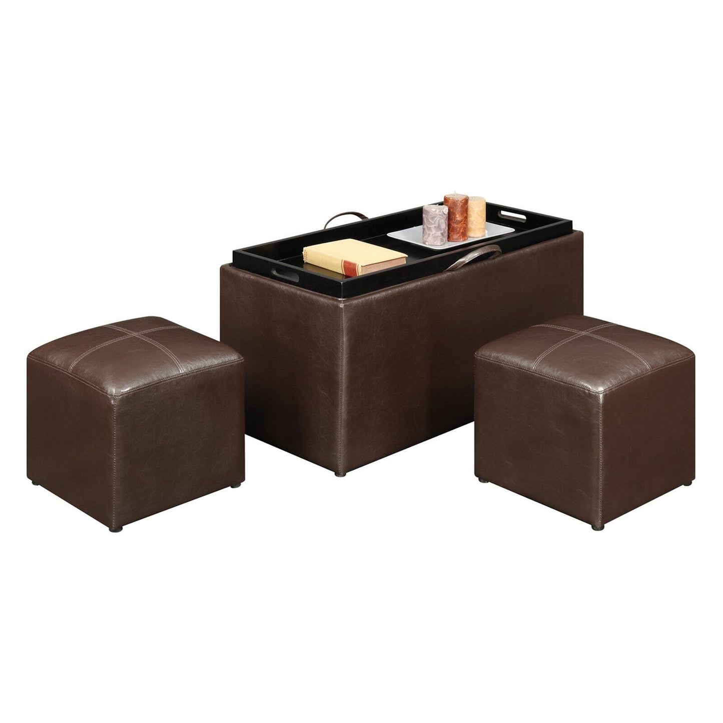 Designs4Comfort Faux Leather Storage Bench with 2 Side Ottomans, Brown