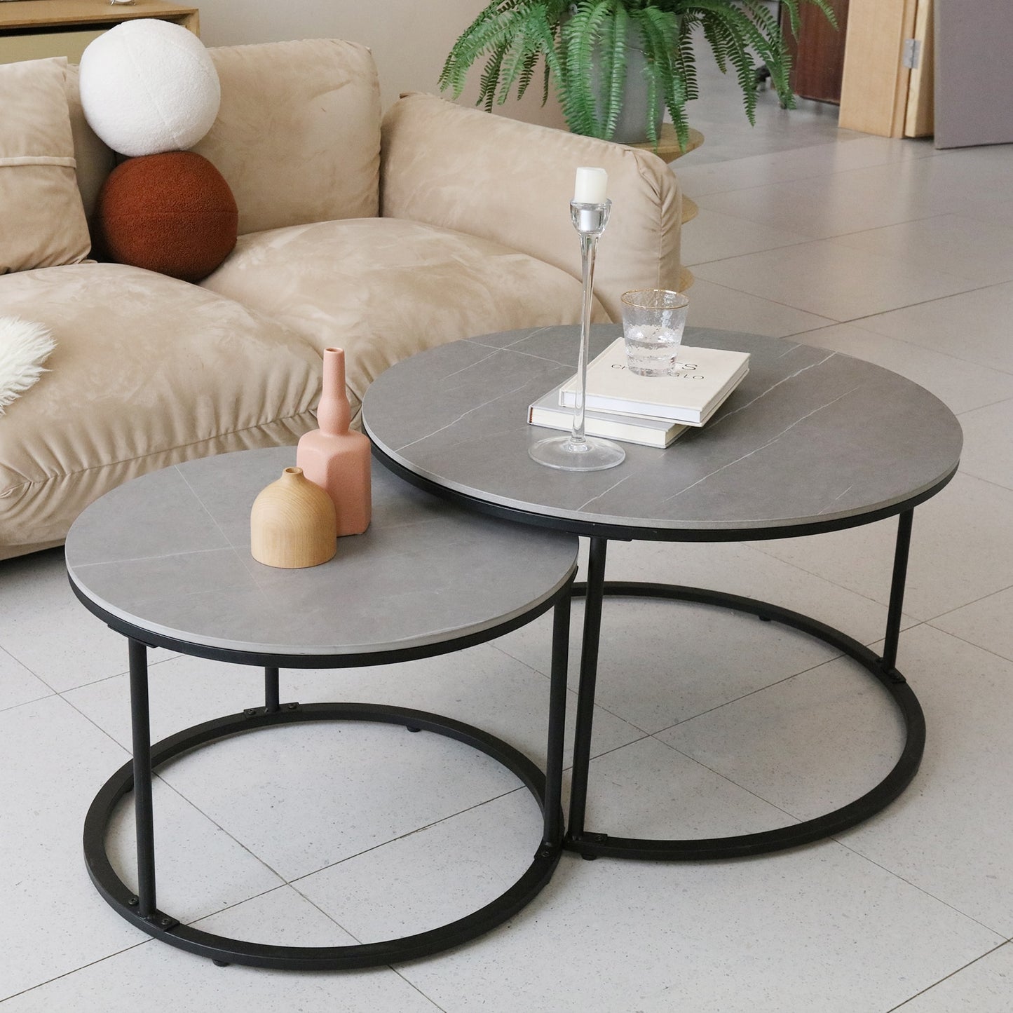 Modern Nesting Round Grey Marble Top Coffee Table Set Sintered Stone Table Metal Legs Home Furniture