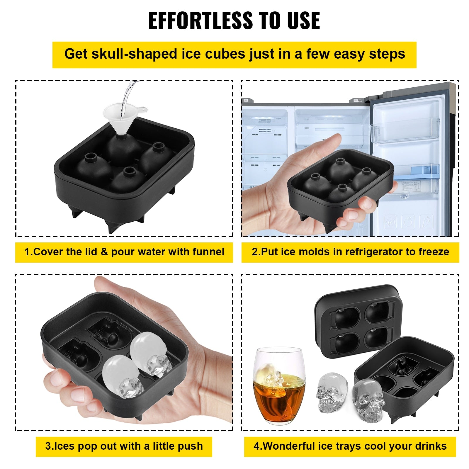 VEVOR Ice Cube Maker Black Silicone 4/6 Grid 3D Skull Shape Tray Home Party Bar Cool Whiskey Icy Beverage Ice Ball Mold DIY Tool - youronestopstore23