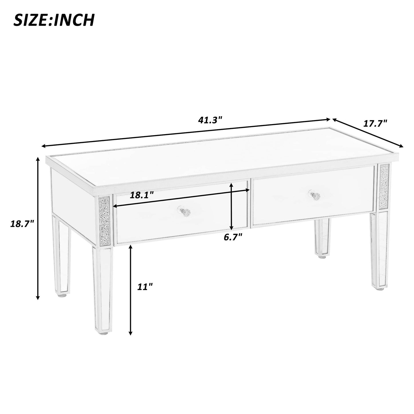 Modern Glass Mirrored Coffee Table Set of 3 Cocktail Table and 2 End Tables with Drawers&Crystal Handles for Living Room Silver