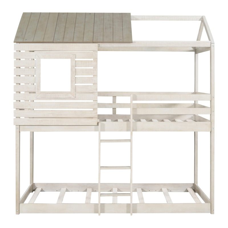 Twin Over Twin Bunk Bed Wood Loft Bed with Roof, Window, Guardrail, Ladder,For indoor bedroom furniture (Antique White)