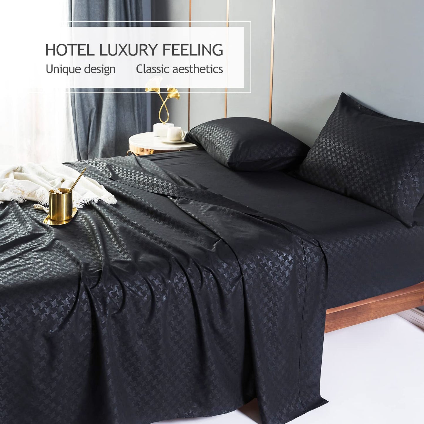 Bed Sheet Set Queen King Size Flat Sheet Fitted Sheet Pillow Case Black Embossing Linens for Bed Breathable Bedding Set - youronestopstore23