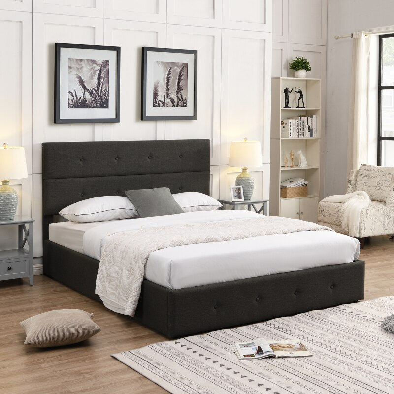 Upholsted Platform Bed with Underath Storage, with Storage Space, Suitable for Bedrooms, Queen Size, Gray