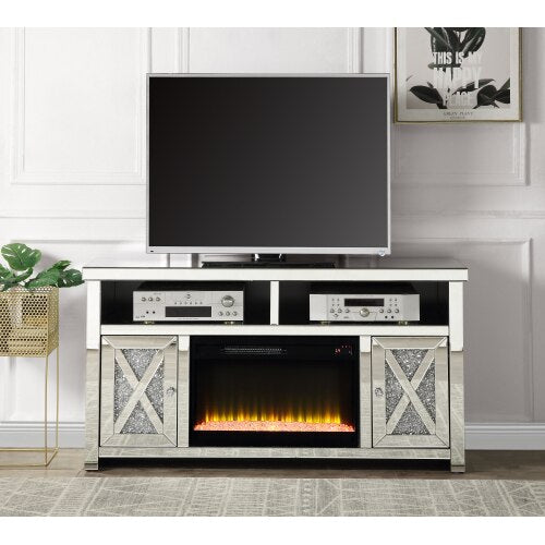 TV STAND W/FIREPLACE & LED Mirrored & Faux Diamonds