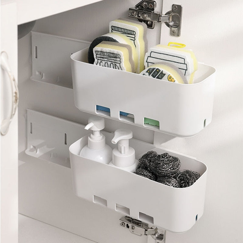 Wall-mounted Retractable Drawer Storage Rack Kitchen Under Sink Storage Box Bottles Organizer Holder Home Bathroom Accessories