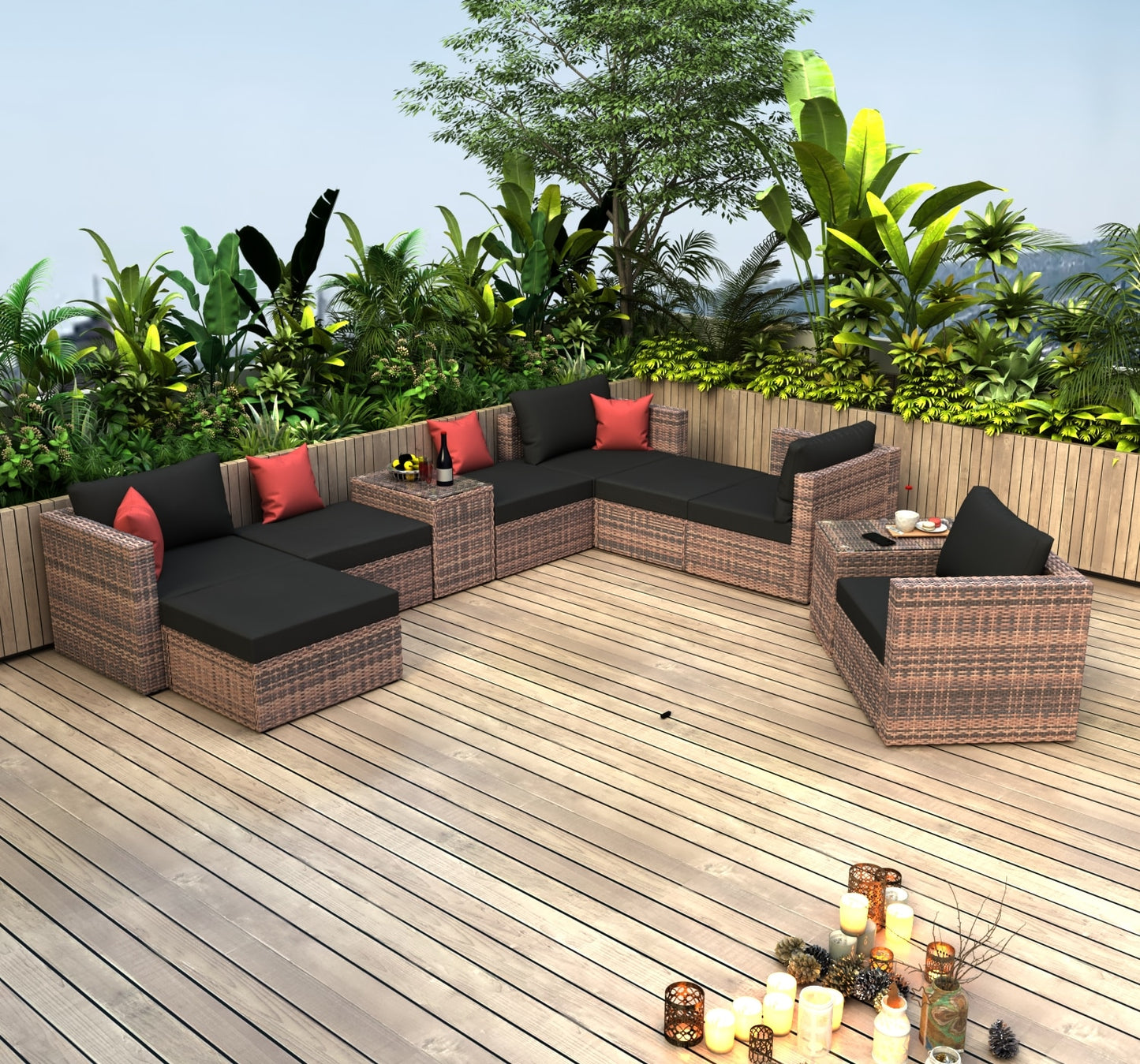 Outdoor Patio Garden chair Brown Wicker Sectional Conversation Sofa Set imitation bamboo rattan with Cushions Pillows Cover - youronestopstore23